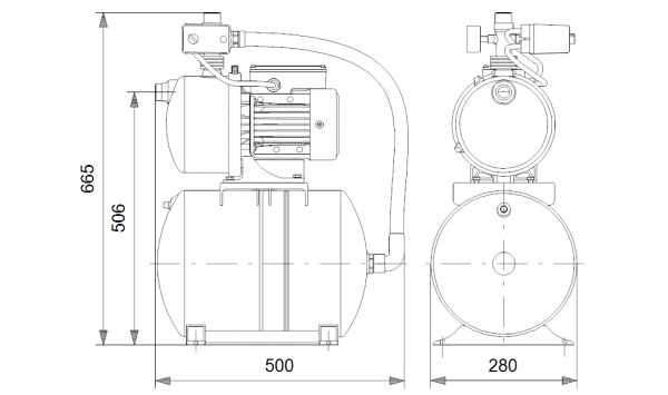 Габариты установки повышения давления JPB6 бак 24 литра Grundfos